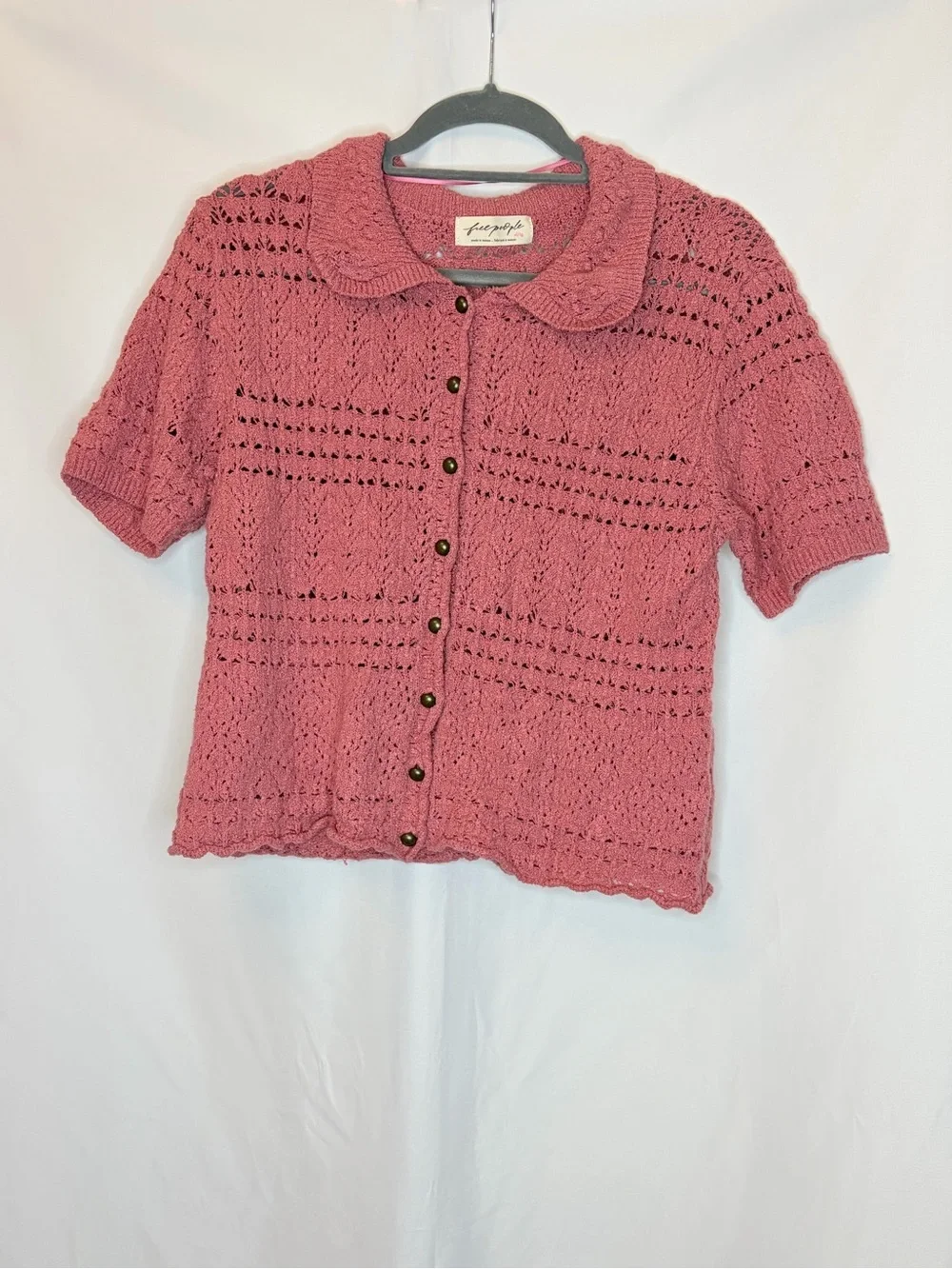 Free People Daylight Cropped Cardigan Faded Rose Open Knit Boho XL